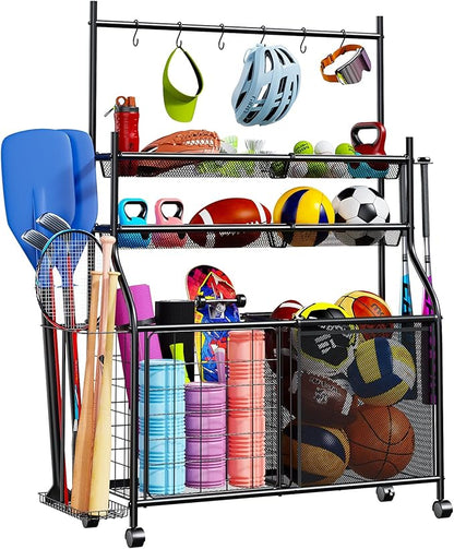 Large Sports Organizer for Garage, Ball Storage Rack Garage Sports Equipment Organizer with Side Racks, Baskets, Hooks, Multi-Purpose Golf Gear Storage for Gym Indoor Outdoor