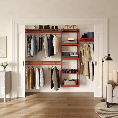 John Louis Home Wood Closet Organizer System with Shelves & Hanging Rods, Wall Mounted Reach-in Closet Storage - Red Mahogany Finish