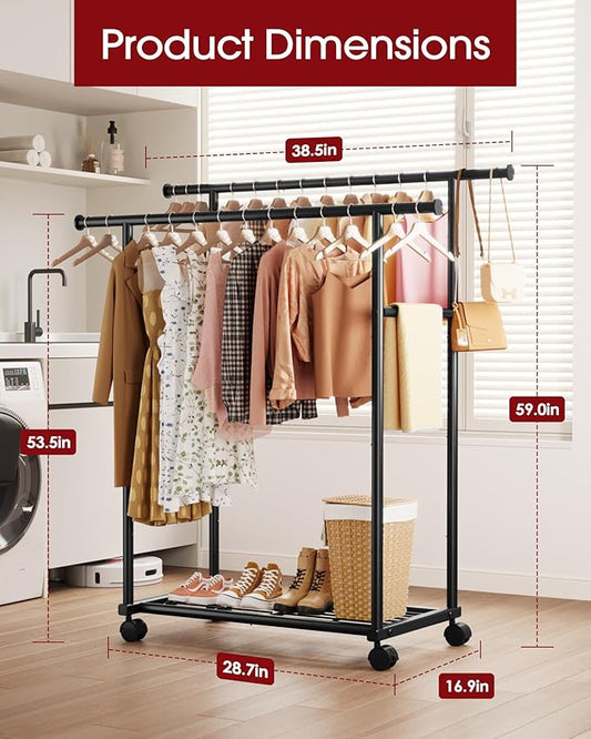 Metal Clothes Rack - Double Rod Clothing Rack with Fixed Design and Rolling Wheels, Coat Rack with Built-In Shelf for Closet Organizers and Storage (38.5" x 16.9" x 59.0", Black)