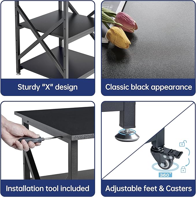 Printer Stand, 23.6 x 23.6 x 30.1 Inches Large Square Printer Table with Height Adjustable Storage Shelf, 3 Tier Rolling Printer Cart with Industrial Wheels for Home Office - Black