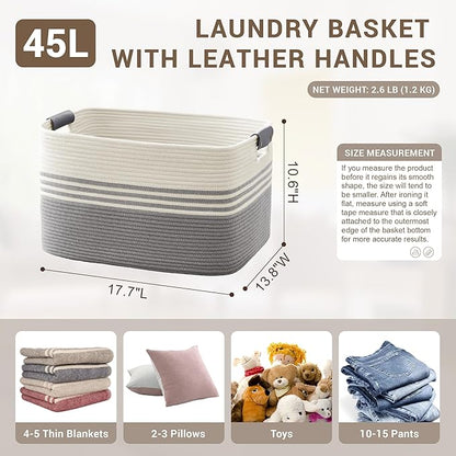 45L Small Laundry Basket with Leather Handles for Living Room Storage, Woven Rope Baskets Bin for Blanket, Kids Toy, Gifts, Wicker Hamper for Bedroom Dirty Clothes, 18"x14"x11" White Grey