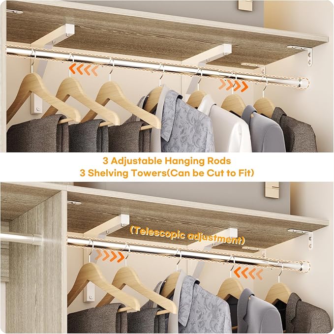 Cyclysio 96 Inch Closet System, 8 FT Hanging Closet Organizer System, Walk in Closet System with 4 Adjustable Rods and 3 Shelving Towers for 4-8FT Spaces(Cut-to-Fit), Oak