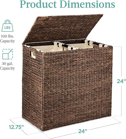 Best Choice Products Large Double Laundry Hamper with Lid, Natural Handwoven Water Hyacinth, 2 Sections w/ 2 Machine Washable Linen Liner Bags, Portable, Handles - Espresso