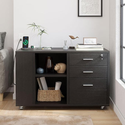 YITAHOME File Cabinet with Charging Station, Mobile Lateral Filing Cabinet with Lock for Home Office, Printer Stand with Open Storage Shelf, Fits A4, Letter, Legal Size Files, Office Furniture, Black