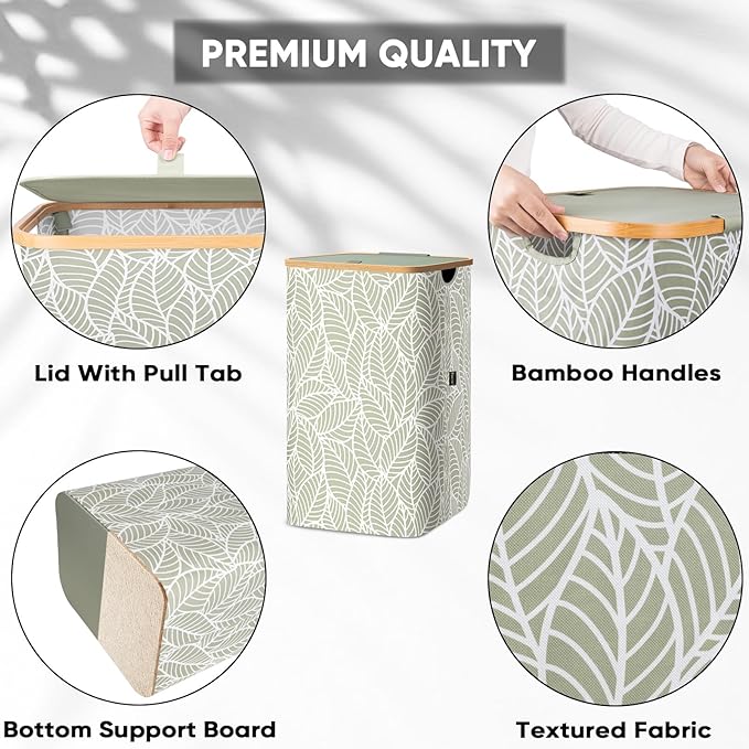 BALEINE Laundry Hamper with Lid, Tall Laundry Baskets with Bamboo Pull Handles, Large Laundry Bin with Internal Support (26 Gal/100L, Antique Foliage)
