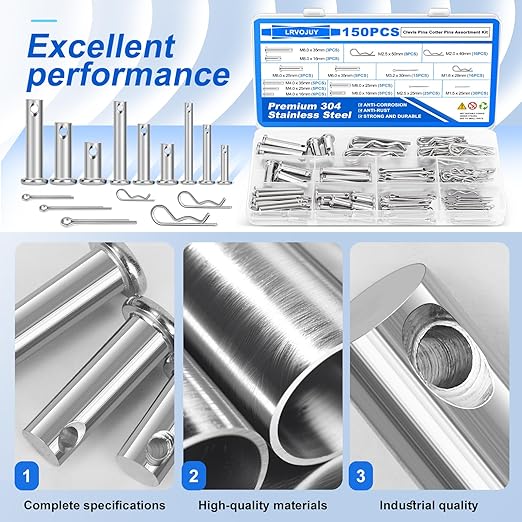 150PCS Premium 304 Stainless Steel Clevis Pins Cotter Pins R Clips Assortment Kit, 15 Sizes Single Hole Flat Head Cotter Clips Fasteners for Trailer Hitch, Automotive, Machinery Use