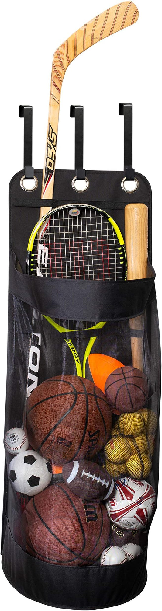 Hanging Sports Equipment Organizer with Hooks, Black Mesh, 16 in W x 43 in H x 12 in D