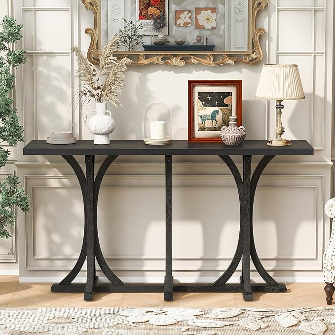 59.8" Wooden Console Table with Oak Veneer Top,Farmhouse Entryway Table with Rubber Wood Slender Curved Legs,Perfect for Living Room,Entryway,Hallway,Black