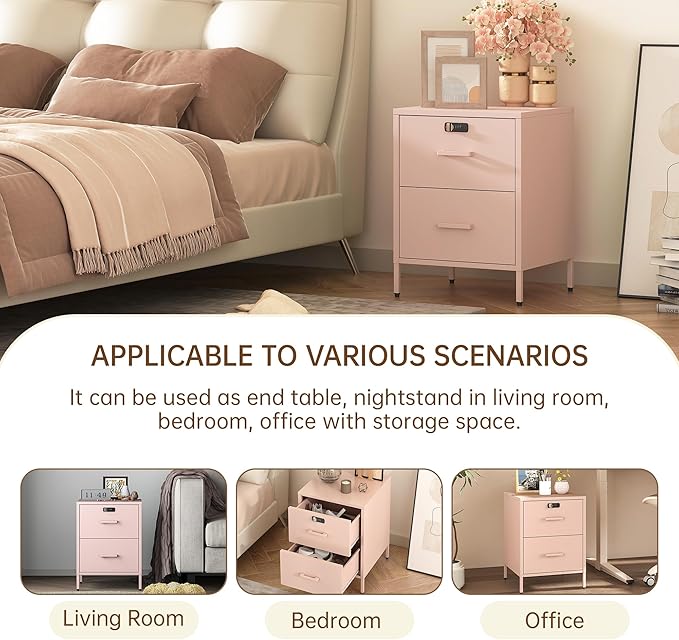 2 Drawer End Side Table with Lock Metal Nightstand, Lockable Storage Cabinet Kids Cabinet for Living Room, Bedroom, Dorm, 21.26”H X 15.75”W X 15.75”D (2 Drawer, Pink)