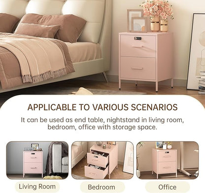 2 Drawer End Side Table with Lock Metal Nightstand, Lockable Storage Cabinet Kids Cabinet for Living Room, Bedroom, Dorm, 21.26”H X 15.75”W X 15.75”D (2 Drawer, Pink)