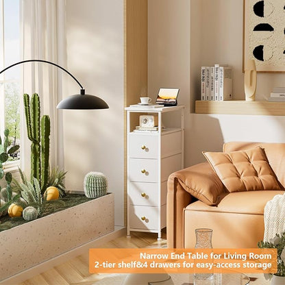 Narrow Dresser for Bedroom, Slim Dresser Storage Tower, Chest of 4 Fabric Drawers with Wood Shelf, Bathroom Organizers and Storage for Small Spaces, Laundry, Closet, White