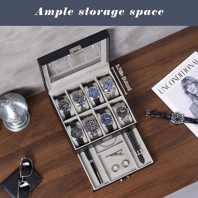 ProCase Watch Box, 8 Slot Watches Display Case with Drawer, Mens Watch Case with Glass Lid, 2-Layer Mens Jewelry Organizer Storage Holder, Birthday Valentine Gifts for Men -8 Slot, Black