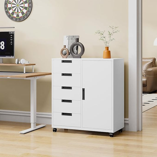 Office Storage Cabinet, 5 Drawer Metal Cabinet w/Universal Wheels, Printer Stand with Storage Shelves, Craft Storage Drawers, Rolling File Cabinets for Home Office (White)