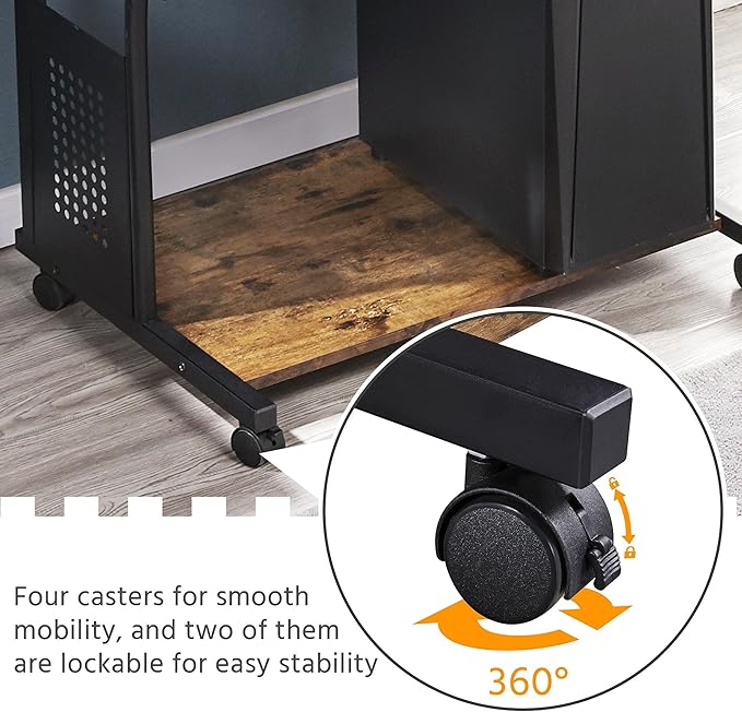 Yaheetech 3 Tiers Rolling Computer Desk on Wheels with Charging Station and Keyboard Tray, Mobile Home Office Desk PC Laptop Workstation with Power Outlet and USB Ports for Home Studying, Rustic Brown
