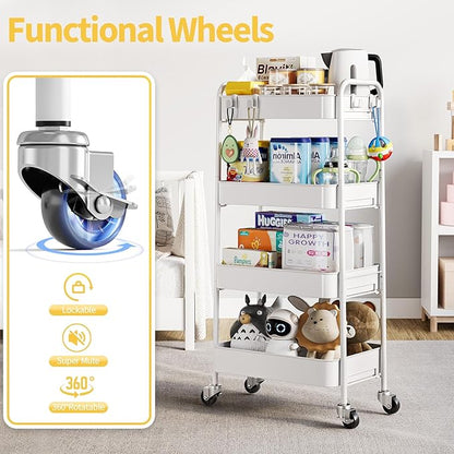 TOOLF 4-Tier Metal Rolling Cart with Wheels, Storage Utility Organizer Cart for Kitchen, Bathroom, Office, Baby Essentials & Makeup - Lockable Casters, Easy Assembly, Large Capacity, White