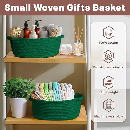 Small Woven Green Gifts Basket for Storage Empty with Ribbons and Bags Durable Cute Gifts 12"X 8" X 5" Small Rope Basket for Gifting