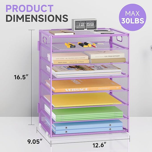 Paper Organizer with Handle Metal Mesh File Sorter for Desk Organizers Paper Letter Tray Desktop Document Sorter for Office or School 2 Pack 8 Tier Purple Desk Storage