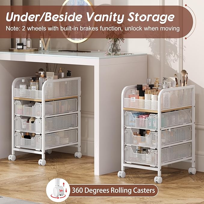 Rolling Makeup Cart Organizer with 3 Drawers, Narrow Floor Skincare Organizers, Cosmetics Display Cases Vanity Organizer for Skin Care Nail Polish Perfume Makeup Brush, White