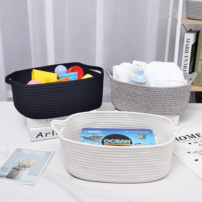 ABenkle Small Storage Basket with Handles, Cotton Rope Woven Dog Cat Toy Bin, Decorative Shelves Closet Organizing for Nursery Laundry Bedroom Bathroom, 14.2''x 11''x 5.1''
