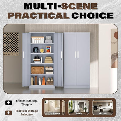 Metal Garage Storage Cabinet, 72” Lockable File Cabinets with 2 Doors and 4 Adjustable Shelves, Steel Tool Cabinets with Lock for Office, Home, Living Room, Cement Grey