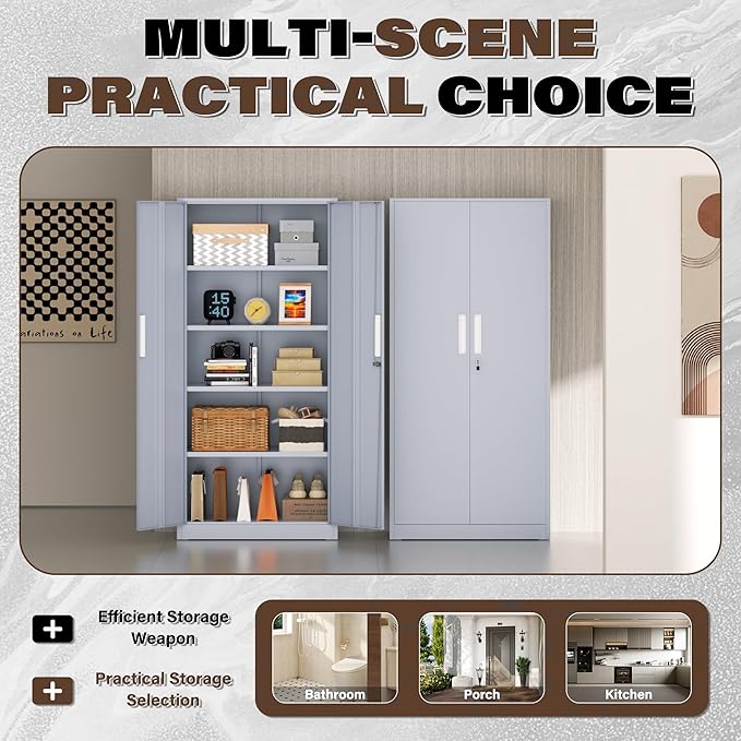 72” Metal Storage Cabinet, Lockable File Cabinets with 2 Doors and 4 Adjustable Shelves, Steel Tool Cabinets with Lock for Office, Home, Gym, Cement Grey-Small