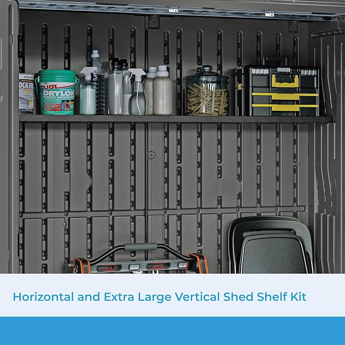 Suncast Horizontal or XL Vertical Shed Shelf Kit, Space Saving Shelving for Wall Mount Outdoor Storage Structures, 50" W x 10.25" D x 1.25" H, Black