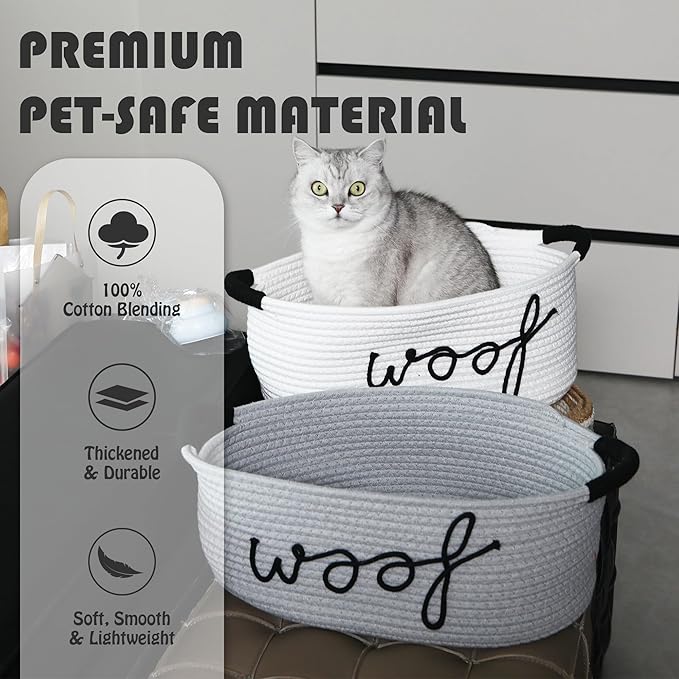 Sea Team Dog Toy Storage Basket with Handles, 16.5 x 11 x 7 Inches, 4.4 Gallons Large Cotton Rope Storage Bin, Shelf Basket, Organizer for Pet Chew Toys, Foods, Grey Woof