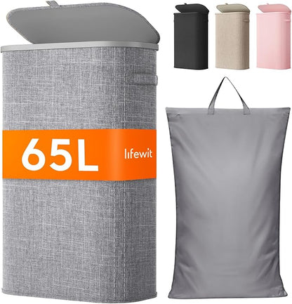Lifewit 65L Slim Laundry Basket with Lid, Narrow Large Laundry Hamper with Plastic Handles and Removable Bag, Tall Foldable Dirty Clothes Hampers for Laundry Room, Bedroom, Bathroom, Dorm, Gray