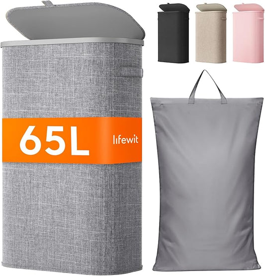 Lifewit 65L Slim Laundry Basket with Lid, Narrow Large Laundry Hamper with Plastic Handles and Removable Bag, Tall Foldable Dirty Clothes Hampers for Laundry Room, Bedroom, Bathroom, Dorm, Gray
