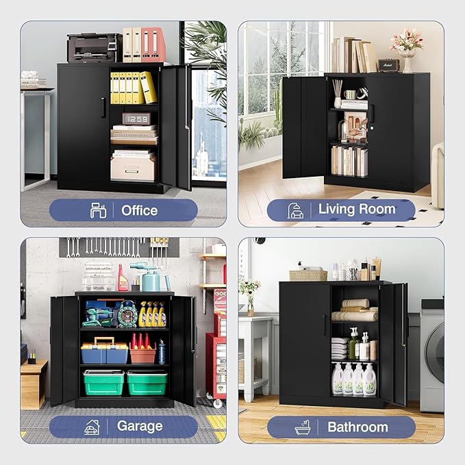 Metal Storage Cabinet, Garage Storage Cabinet with Locking Doors and Adjustable Shelves for Garage,Home,Office and School (Assembly Required，Black)