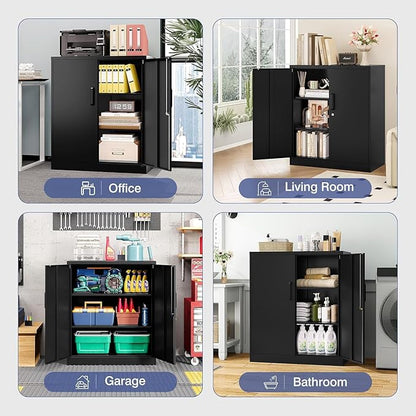Metal Storage Cabinet, Garage Storage Cabinet with Locking Doors and Adjustable Shelves for Garage,Home,Office and School (Assembly Required，Black)