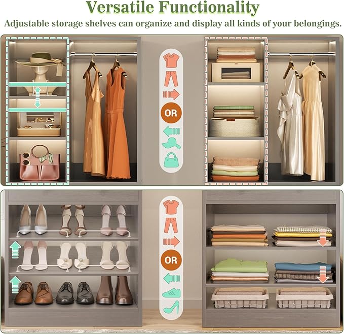 Closet System with 4 Drawers and Hanging Rods, 59.5"L / 87"L Closet Organizer System with Corner Tower, L Shaped Walk-in Closet System, Corner Closet System with Shelves, Set of 3, Morandi Grey
