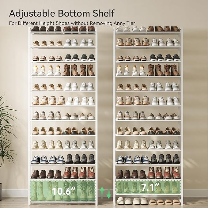 Shoe Rack for Closet, Metal Shoe Organizer,12 Tier Garage Shoe Rack Max Holds 60 Pairs,Shoe Storage Shelf,Entryway, White