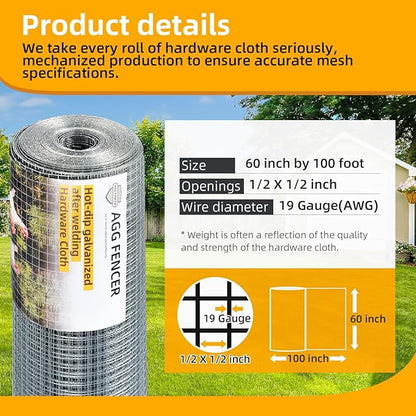 60inch x 100ft Hardware Cloth 1/2 inch Chicken Wire Fencing 19Ga, Hot Dipped Galvanized After Welding Garden Plant Supports Welded Metal Chicken Wire Fence Poultry Animal Netting Cage Screen