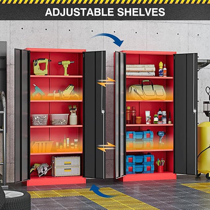 Metal Storage Cabinet-72” Tall Steel File Cabinets with Lockable Doors and Adjustable Shelves-Black&Red Steel Storage Cabinet for Kitchen, Office, Garage