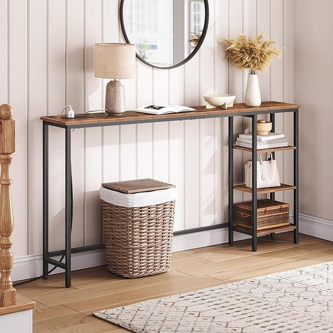 HOOBRO Console Table with Power Outlet, 63" Behind Sofa Table with Shelves, Narrow Entryway Table with Storage, Couch Table for Living Room, Hallway, Rustic Brown and Black BF164UXG01