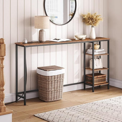 HOOBRO Console Table with Power Outlet, 63" Behind Sofa Table with Shelves, Narrow Entryway Table with Storage, Couch Table for Living Room, Hallway, Rustic Brown and Black BF164UXG01