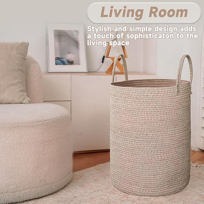 Large Woven Laundry Basket Hamper,80L Cotton Rope Storage Bin for Blankets,Toys and Clothes,Decorative Tall Nursery Hamper for Living Room,Baby Nursery,Bathroom and Bedroom,Oatmeal