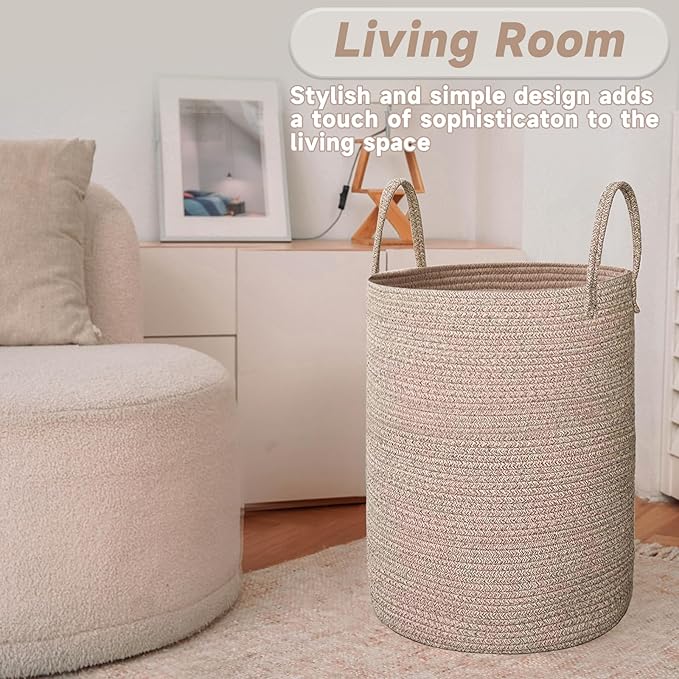 Large Woven Laundry Basket Hamper,60L Cotton Rope Storage Bin for Blankets,Toys and Clothes,Decorative Tall Nursery Hamper for Living Room,Baby Nursery,Bathroom and Bedroom,Oatmeal