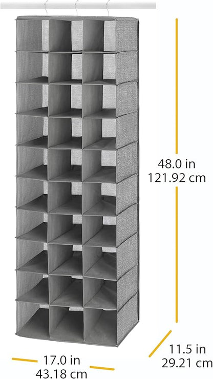 Whitmor 30 Sections Hanging Clothes Closet Organizer, Space Saving Breathable Fabric Shoe Storage for Bedroom, Laundry, Dorm, Crosshatch Gray