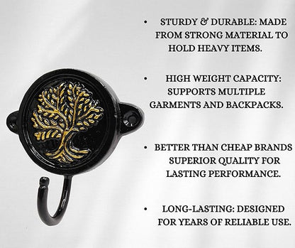 Aluminium Tree of Life Print (1-Pack) Single Wall Hooks, Black Tree of Life Themed Hooks for Hanging Leash-Wall Mount Hanger, Organization Decorative Wall Hook (Tree of Life)