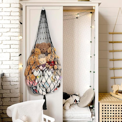 Stuffed Animal Hammock Corner Hanging Net for Stuffy Animal Storage Macrame Toy Display Plushie Toy Holder-Perfect for The Tiny Space Walls, Kid Bedroom Decor Playroom Organizer (Black)