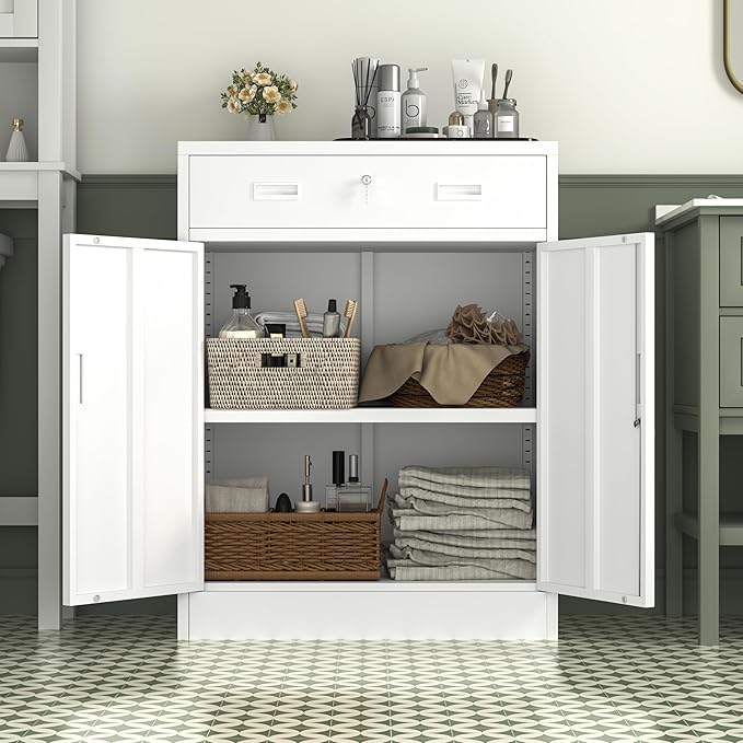 Metal Storage Cabinet, Locking Cabinet with 1 Drawer and Adjustable Shelf, 36" H x 28" W x 16" D Steel Storage Cabinet for Office, Garage, Home-White