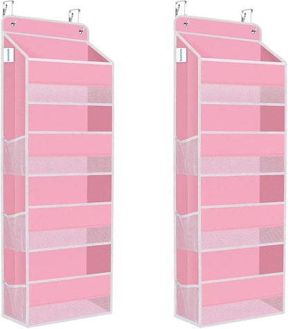 2 Pack Over The Door Organizer Hanging Storage Organizers with Clear Window 40lb Large Capacity Room Organizer for Pantry Laundry Bathroom Nursery Closet(Pink)