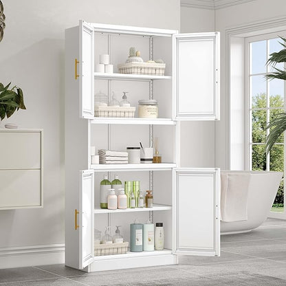 61.02" Kitchen Pantry Cabinet, Large Metal Storage Cabinet with 4 Doors and 1 Open Storage Compartment, Corner Display Organizer with 2 Adjustable Shelves for Kitchen Bedroom or Hallways (White)