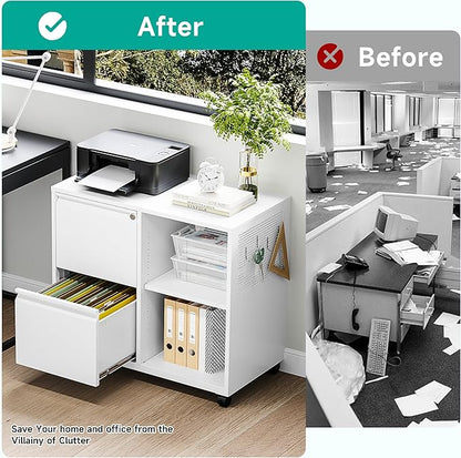 SISESOL 2 Drawer File Cabinet with Lock and Shelf,Mobile Lateral Filing Cabinet,Metal File Organizer Cabinet with Open Storage Shelves for Home Office Fit Legal/Letter A4 Size