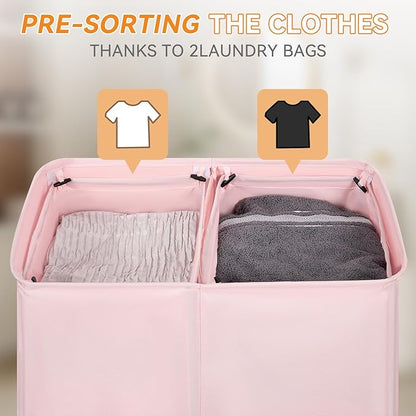 Chrislley 140L Laundry Hamper 2 Section, Double Laundry Basket with Lid, Large Dirty Clothes Hamper with Removable Liner Bags, Collapsible Laundry Organizer for Bedroom, Dorm,Pink