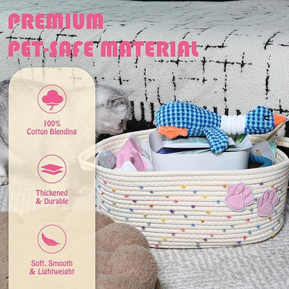 Sea Team Pet Toy Storage Basket with Handles, 16.5 x 11 x 7 Inches, 4.4 Gallons Large Cotton Rope Storage Bin, Shelf Basket, Organizer for Cat, Dog Chew Toys, Foods, Rainbow & Pink Paws