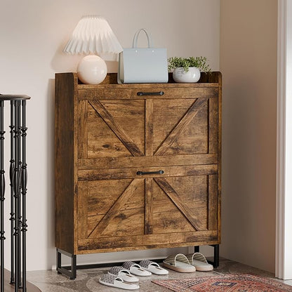 Betterhood Entryway Shoe Cabinet with 2 Flip Drawers, Farmhouse Slim Shoe Rack, Freestanding Hidden Shoe Organizer with Metal Legs, Shoe Cabniet for Entryway with Storage, Hallway, Foyer, Brown