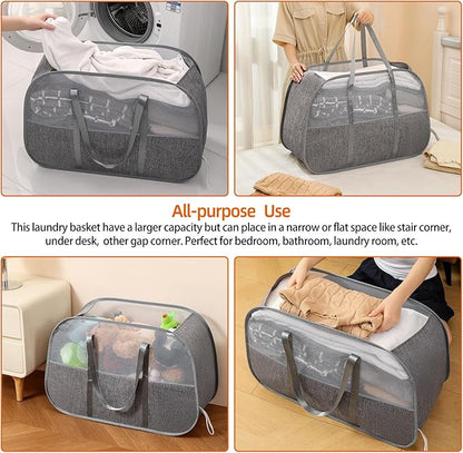 Collapsible Laundry Baskets with Easy Carry Handles, 95L Clothes Hamper for Storage, Foldable Laundry Basket Tear-proof, Large Pop Up Hampers for Laundry, Bedroom, Bathroom, Dorm Grey